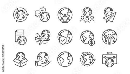 World business line icons set. Financial transactions, translate language, outsource business. International organization, global law, world map icons. Delivery service, global outsource. Vector