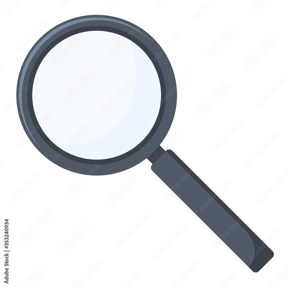 Flat vector illustration of magnifying glass. Reading lens icon isolated, search tool symbol, discovery instrument. Flat vector illustration of magnifying glass. Reading lens icon isolated, search tool symbol, discovery instrument.