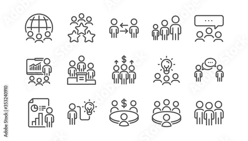 Meeting line icons set. People, classroom job, seminar. Team, work and business idea icons. Discussion, conference classroom, people management. Presentation, office meeting, consultation. Vector
