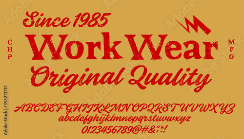 Vintage brush script lettering font. Handwritten calligraphic alphabet for t-shirt or apparel. Textured unique brush in alphabet style.Old school vector graphic for fashion and printing.