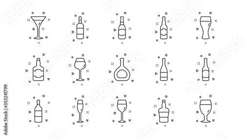 Beer drinks, Wine glass and Whiskey bottle. Bottles line icons. Champagne linear icon set. Geometric elements. Quality signs set. Vector