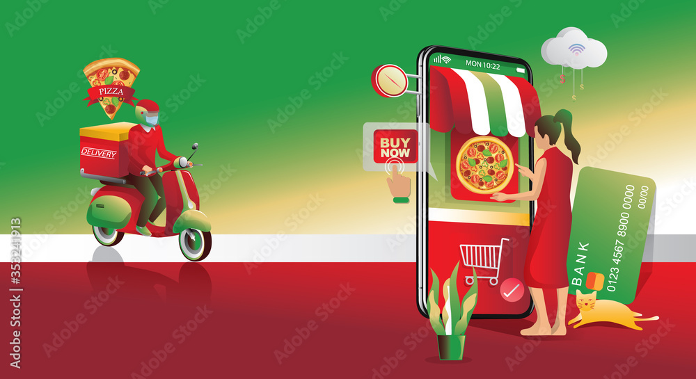 Pizza, online order, home food delivery concept. man and woman standing with smartphone pizza boxes. Staying at home, Fast delivery service, ordering takeout or food at home, electronic online payment Pizza, online order, home food delivery concept. man and woman standing with smartphone pizza boxes. Staying at home, Fast delivery service, ordering takeout or food at home, electronic online payment
