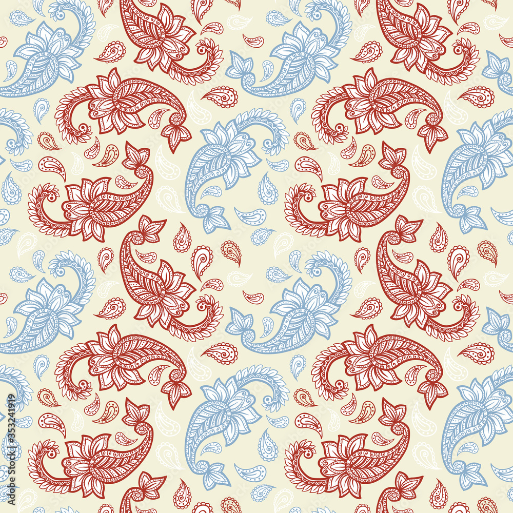 Paisley pattern on yellow background, seamless gold, red and white floral ornament, vector design. Abstract simple vintage Paisley pattern decoration, pastel pale colors floral fabric background Paisley pattern on yellow background, seamless gold, red and white floral ornament, vector design. Abstract simple vintage Paisley pattern decoration, pastel pale colors floral fabric background