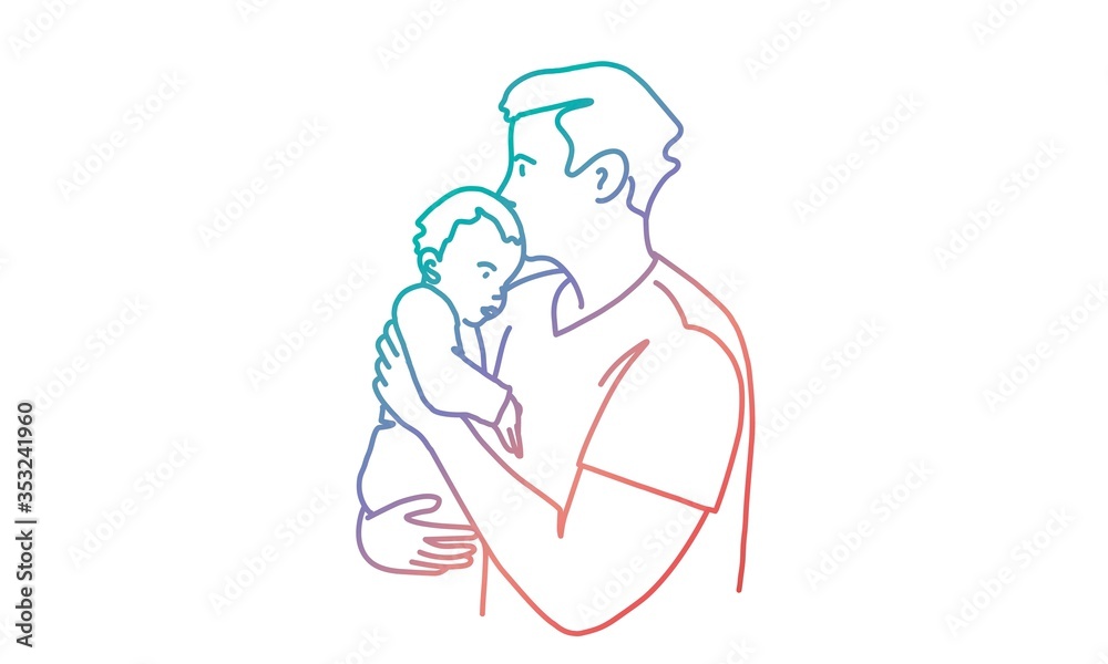 Father holding baby in his arms. Tenderness. Rainbow colors in linear vector illustration. Father holding baby in his arms. Tenderness. Rainbow colors in linear vector illustration.