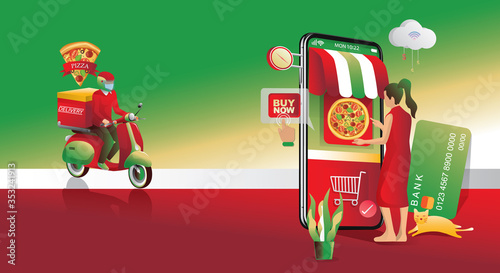 Pizza, online order, home food delivery concept. man and woman standing with smartphone pizza boxes. Staying at home, Fast delivery service, ordering takeout or food at home, electronic online payment