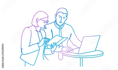 Business people discussing work. Rainbow colors in linear vector illustration.