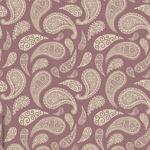 Paisley pattern background, seamless floral ornament, vector simple vintage style design. Abstract vintage Paisley pattern decoration, red, pink, pastel light blue and white pale color background