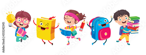Happy Cute Cartoon School Children