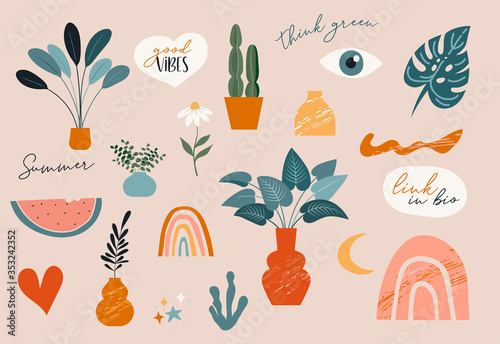 Collection of handwritten phrases, quotes, stickers and decorative design elements, plants, rainbow and leaves, hand drawn in trendy doodle style. Colorful vector illustrations and prints
