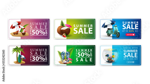 Large collection of colorful summer discount banners with summer icons isolated on white background. Pink, green and blue summer discount banners