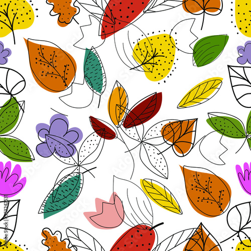 Hello, Autumn! Seamless pattern and hand drawn texture. Multicolored autumn leaves. Flat illustration. Transparent background. © Marie