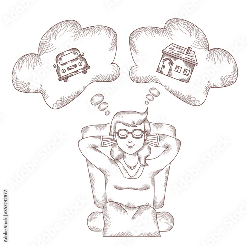 A girl sits and dreams with her eyes closed. Above her is a cloud with pictures of her desires - a house and a car. Hand drawing - strokes and line.