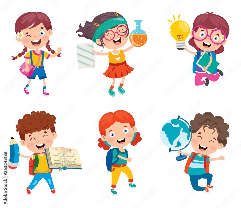 Happy Cute Cartoon School Children