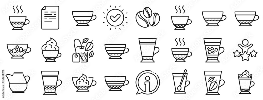 Set of Latte, Frappe and Cappuccino icons. Coffee types and Tea icons. Espresso, Doppio and Cafe Crema. Americano, Whipped cream latte and Coffee with ice. Mocha cafe, Herbal, Mint tea cups. Vector Set of Latte, Frappe and Cappuccino icons. Coffee types and Tea icons. Espresso, Doppio and Cafe Crema. Americano, Whipped cream latte and Coffee with ice. Mocha cafe, Herbal, Mint tea cups. Vector
