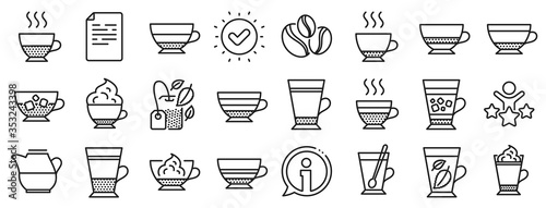 Set of Latte, Frappe and Cappuccino icons. Coffee types and Tea icons. Espresso, Doppio and Cafe Crema. Americano, Whipped cream latte and Coffee with ice. Mocha cafe, Herbal, Mint tea cups. Vector