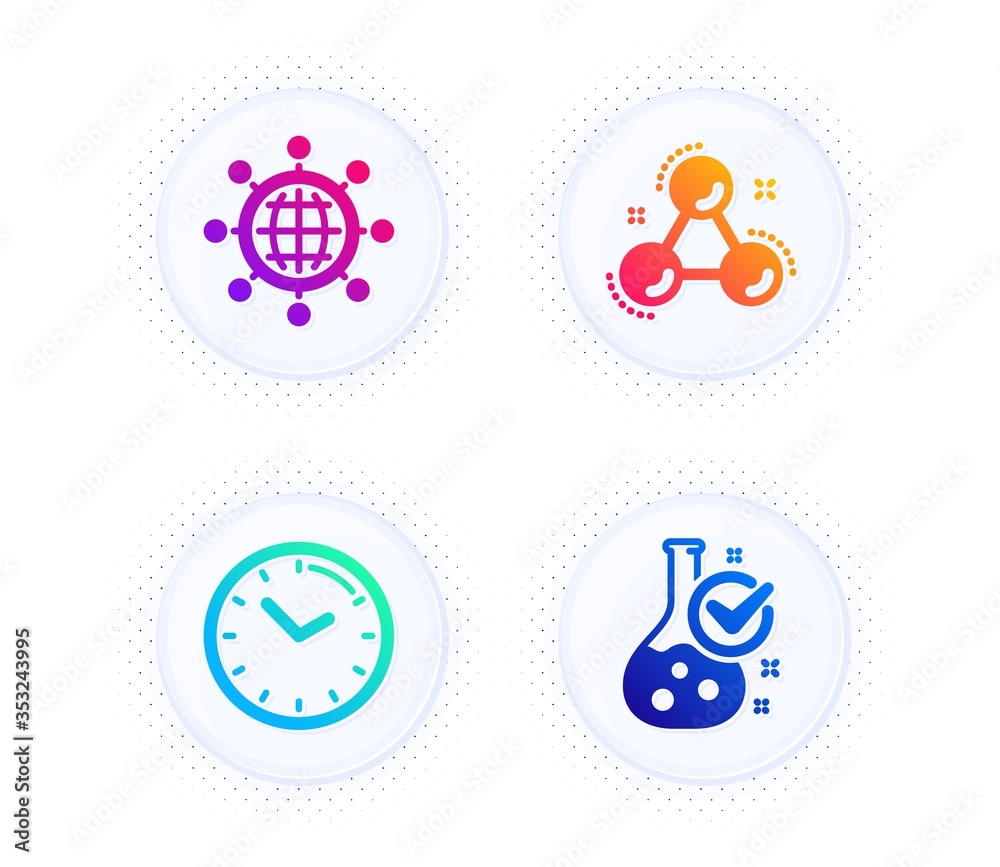 International globe, Chemistry molecule and Time icons simple set. Button with halftone dots. Chemistry lab sign. World networking, Laboratory atom, Clock. Laboratory flask. Education set. Vector