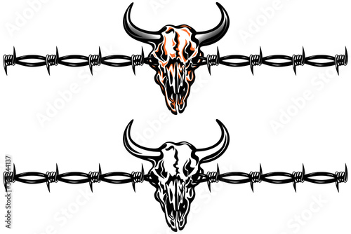 Skull bull texas emblem on a background of barbed wire. Vector image in tatto style.