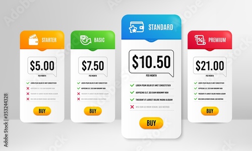 Loan percent, 24 hours and Debit card icons simple set. Price table template. Loyalty program sign. Discount blueprint, Repeat, Wallet with credit card. Bonus wallet. Finance set. Vector