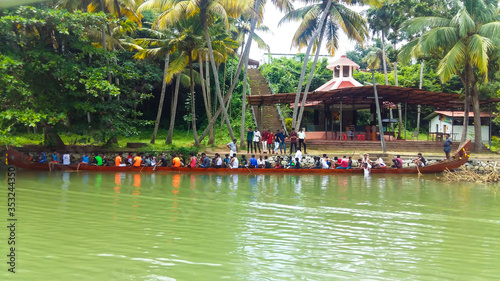 10/02/2020-Kollam, India: Players practicing for Vallam Kali (Boat Race) in Ashtamudi Lake, Kerala.