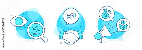 Post package, Financial diagram and Hot sale line icons set. Handshake deal, research and promotion complex icons. Loyalty points sign. Postbox, Candlestick chart, Shopping flame. Money bags. Vector