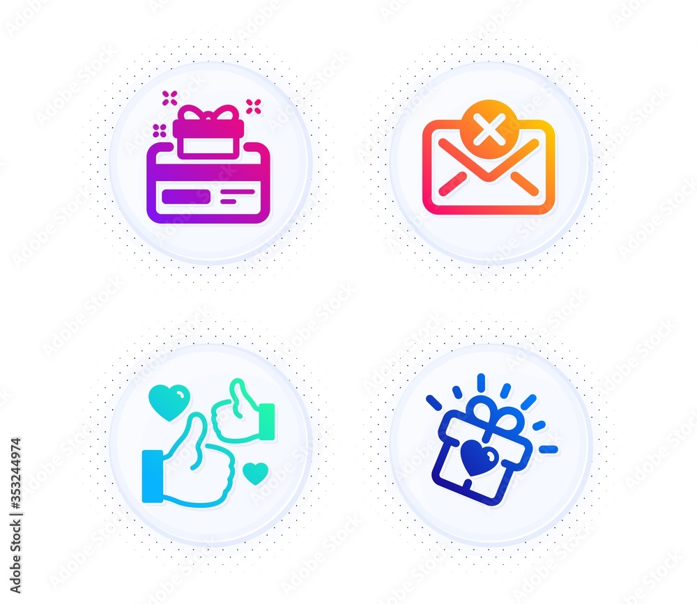 Reject mail, Like and Loyalty card icons simple set. Button with halftone dots. Love gift sign. Delete letter, Thumbs up, Bonus points. Heart present. Business set. Vector