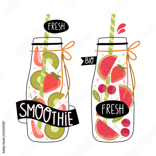 Set of summer fruit cocktails in a jar on a white background. Smoothie time. Summer menu for cafe, bar. Fresh organic smoothie ingredients. Healthy diet or detox diet. Hand drawn illustration.