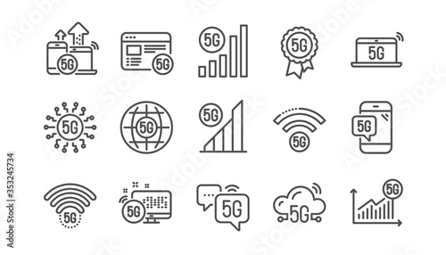 5G technology line icons set. Phone connection, mobile network, fast internet. Hotspot signal, mobile telecommunications, wifi internet icons. 5G cellular network technology. Linear set. Vector