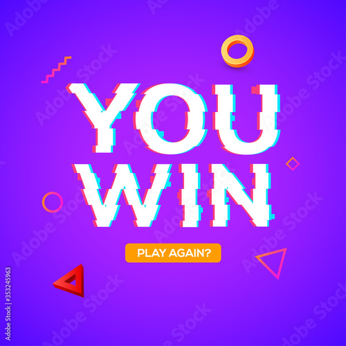Retro game glitch win score background. Video game you win glitch effect text