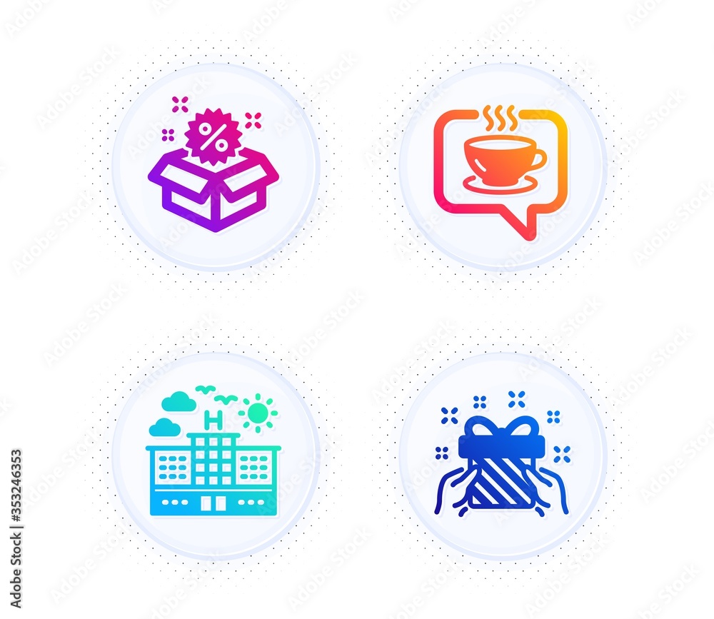 Sale, Coffee and Hotel icons simple set. Button with halftone dots. Gift sign. Discount, Cafe, Travel. Present. Holidays set. Gradient flat sale icon. Vector