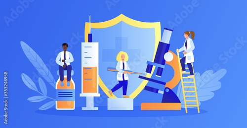 scientists are developing a vaccine and a cure for the virus. The concept of creating a vaccine by medical researchers. Studying the virus in the laboratory. Vector trend illustration