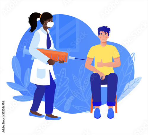 the doctors vaccinate a person against the disease in the clinic. Building immunity by vaccination. Preventative virus protection. Vector trend illustration