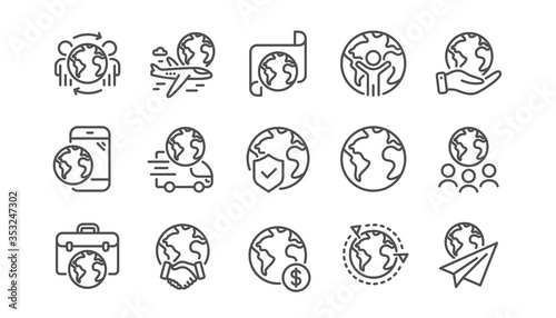World business line icons set. Translate language, global law, outsource business. International organization, financial transactions, world map icons. Delivery service, global outsource. Vector