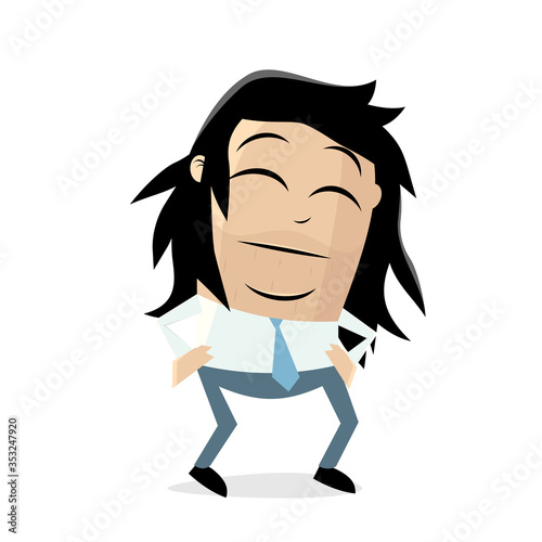 funny cartoon illustration of an asian businessman with long hair