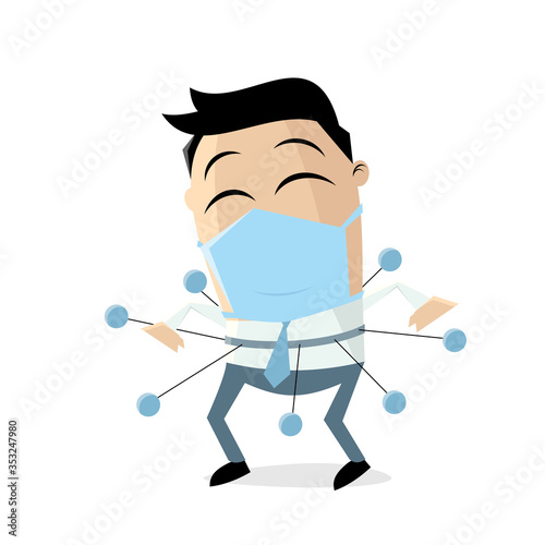 funny businessman with breathing mask and spacers for social distancing