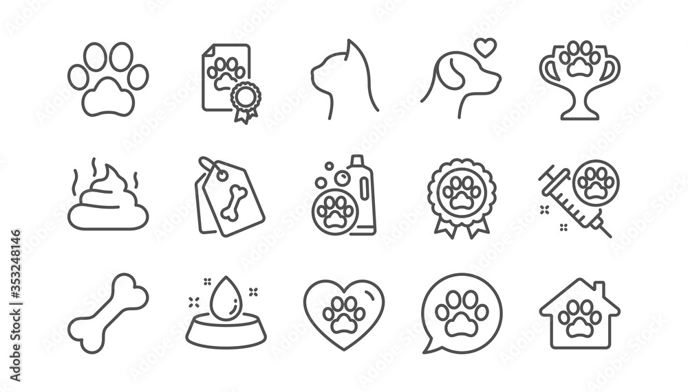 Pets line icons set. Dog care, veterinary and cat food. Lovely animals, shampoo for pets and doghouse icons. Vaccine, pet care and dog paw. Winner cup, certificate and medal. Animal feces. Vector Pets line icons set. Dog care, veterinary and cat food. Lovely animals, shampoo for pets and doghouse icons. Vaccine, pet care and dog paw. Winner cup, certificate and medal. Animal feces. Vector