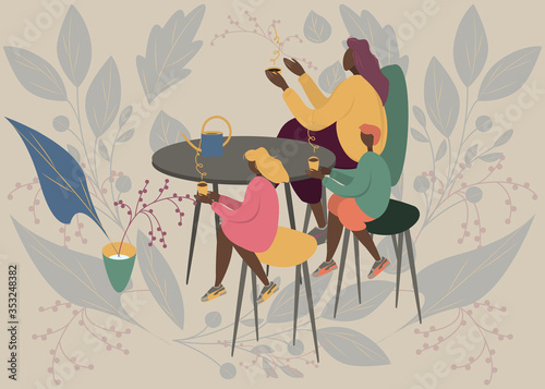 Motherhood portrait lovely woman with her kids. Mother having cup of tea in cafe with table with babies. Flat modern vector illustration design. Family, love, tenderness concept. Floral background.