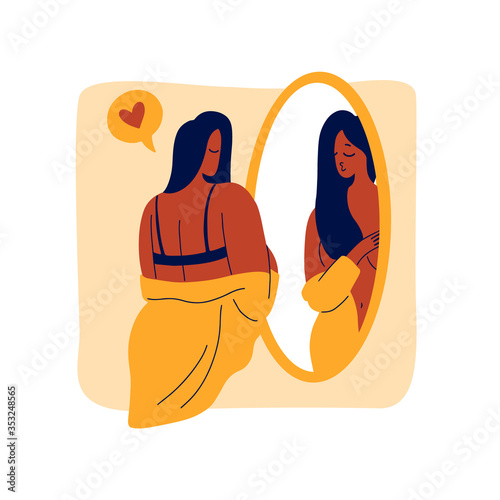 A tanned girl stands in front of a mirror and looks at her body in reflection.  Respect and love for yourself.  Flat bright vector illustration, minimal style.