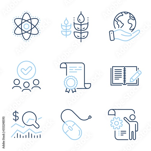 Chemistry atom, Settings blueprint and Feedback line icons set. Diploma certificate, save planet, group of people. Check investment, Computer mouse and Gluten free signs. Vector