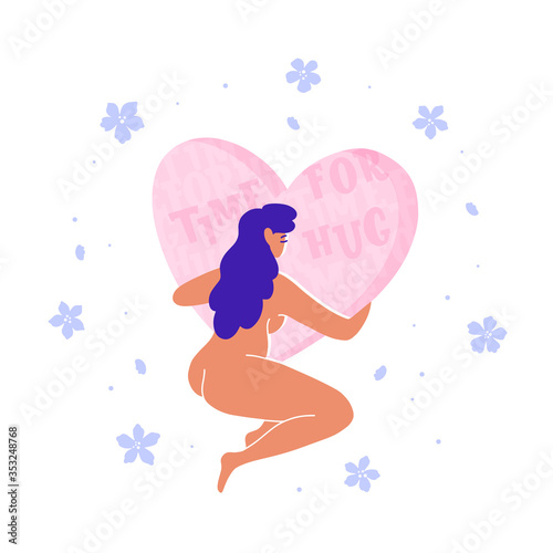 Time for hug. Romantic girl hugs a heart. Helps relieve pain and comforts it. Take care of yourself. Flat bright vector illustration, minimal style. Flowers design element
