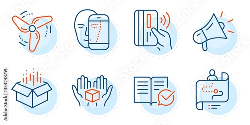 Hold box, Wind energy and Journey path signs. Face biometrics, Contactless payment and Megaphone line icons set. Open box, Approved documentation symbols. Facial recognition, Bank money. Vector