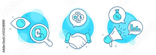 Receive money, Histogram and Loan line icons set. Handshake deal, research and promotion complex icons. Loyalty points sign. Cash payment, Economic trend, Money bag. Change dollar. Finance set. Vector