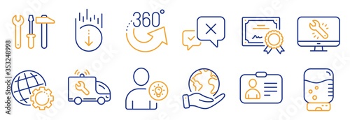 Set of Technology icons, such as Spanner tool, Id card. Certificate, save planet. Globe, 360 degrees, Water cooler. User idea, Scroll down, Car service. Reject, Monitor repair line icons. Vector