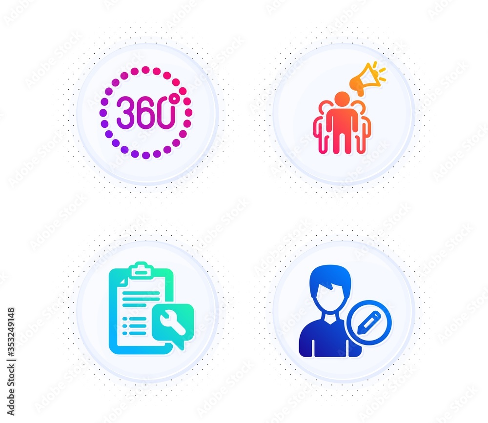 360 degrees, Spanner and Brand ambassador icons simple set. Button with halftone dots. Edit person sign. Panoramic view, Repair service, Megaphone. Change user info. Technology set. Vector