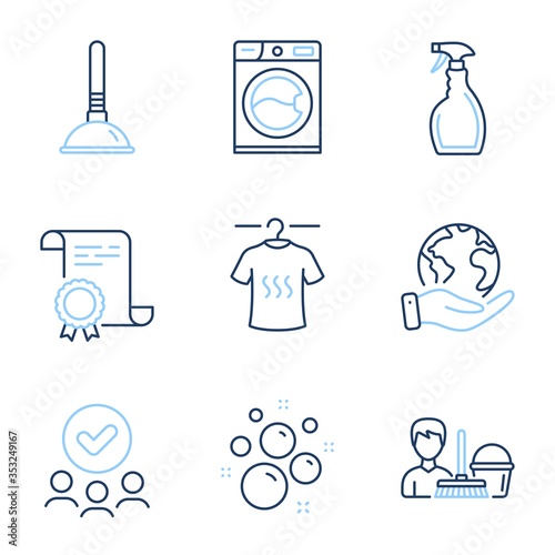 Dry t-shirt, Plunger and Clean bubbles line icons set. Diploma certificate, save planet, group of people. Cleaning service, Spray and Washing machine signs. Vector