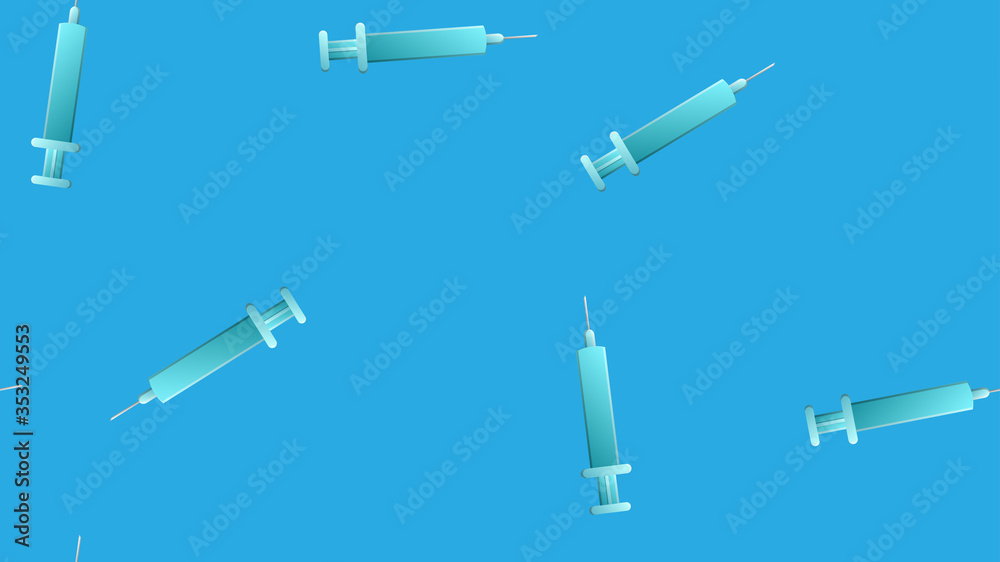 Endless seamless pattern of medical scientific medical items of pharmacological disposable sharp syringes for injections and vaccines on a blue background. Vector illustration Endless seamless pattern of medical scientific medical items of pharmacological disposable sharp syringes for injections and vaccines on a blue background. Vector illustration