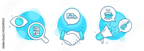 Report document, Coffee cup and Truck transport line icons set. Handshake deal, research and promotion complex icons. Guitar sign. Growth chart, Tea mug, Delivery. Acoustic instrument. Vector