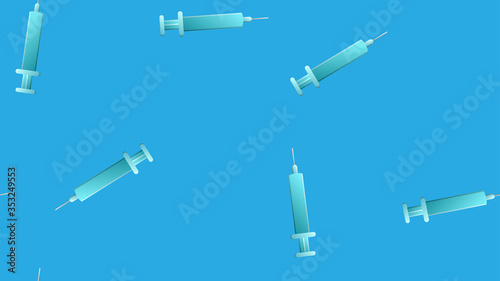 Endless seamless pattern of medical scientific medical items of pharmacological disposable sharp syringes for injections and vaccines on a blue background. Vector illustration