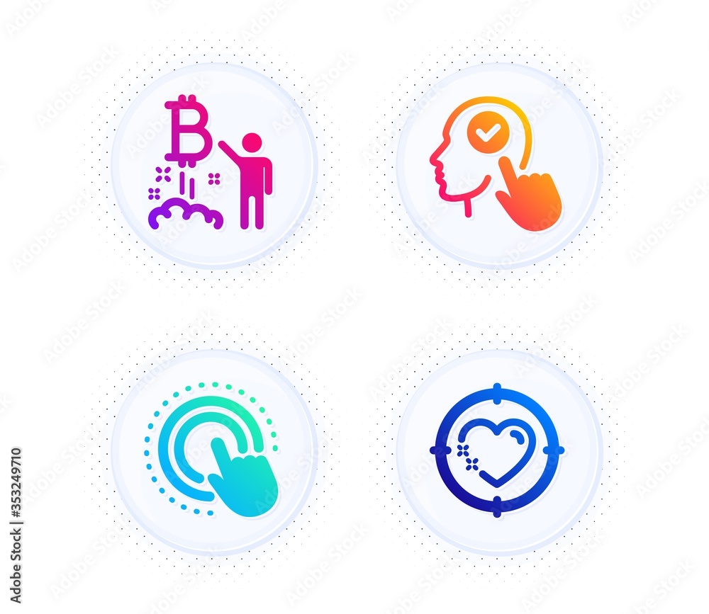 Click hand, Select user and Bitcoin project icons simple set. Button with halftone dots. Heart target sign. Touch gesture, Head with checkbox, Cryptocurrency startup. Love aim. People set. Vector