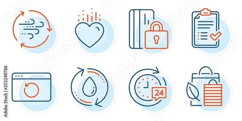 24h delivery, Refill water and Wind energy signs. Blocked card, Bio shopping and Recovery internet line icons set. Heart, Approved checklist symbols. Private money, Leaf. Business set. Vector