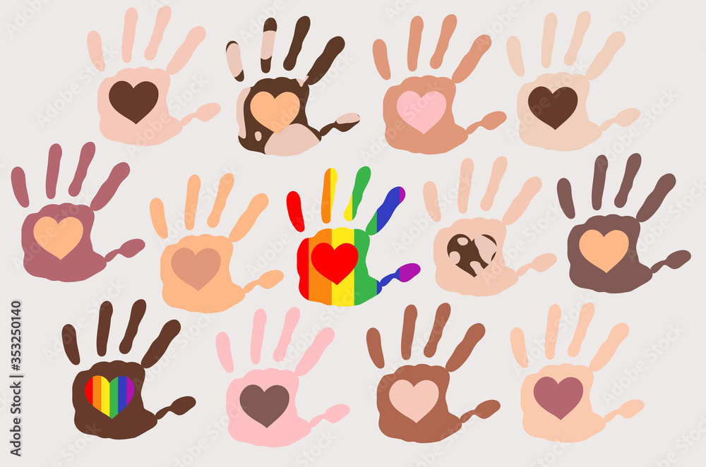 Fototapeta premium Different skin types colour hand prints with hearts inside each palm on light background, people Diversity, rainbow symbol, vitiligo